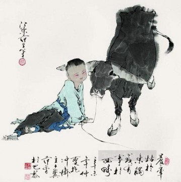 中国 Painting - Fangzeng少年と牛の古い中国人